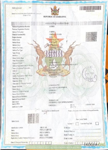 Certificat d'immatriculation du véhicule au Zimbabwe